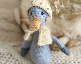 Handmade Blue Crochet Goose Amigurumi with Hat and Cape – Cottagecore Bird Collectible