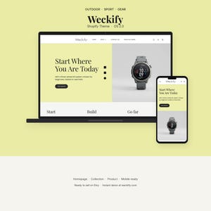 May include: A laptop and a smartphone displaying the Weckify Shopify Theme OS 2.0 website. The screen features the text Start Where You Are Today, a grey sports watch, and navigation links including Start, Build, and Go far on a pale yellow background.