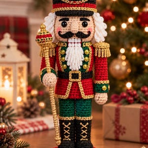 Puede incluir: Una figura de cascanueces tejida a ganchillo con un sombrero negro con adornos dorados y una joya roja, una chaqueta roja con detalles verdes, charreteras doradas y botas negras. La figura tiene barba blanca, bigote negro y sostiene un bastón dorado.