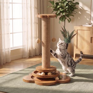 May include: A wooden cat scratching post with a flower-shaped base and top platform. The central pillar is wrapped in sisal rope. Two hanging ball toys are suspended from the top, and the base features a circular track with rolling wooden balls.