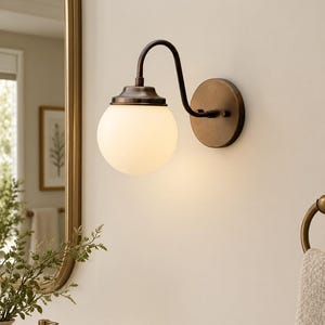 Opal Globe Brass Wall Sconce • Vintage Curved Arm Wall Light, Mid Century Glass Shade, Modern Bathroom Bedroom Lamp