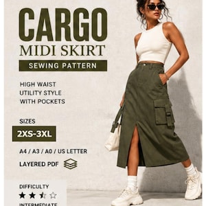 May include: A sewing pattern for a high-waist olive green cargo midi skirt with pockets and a front slit. The text reads: CARGO MIDI SKIRT SEWING PATTERN, HIGH WAIST UTILITY STYLE WITH POCKETS, SIZES 2XS-3XL, A4 / A3 / A0 / US LETTER, LAYERED PDF, INTERMEDIATE.