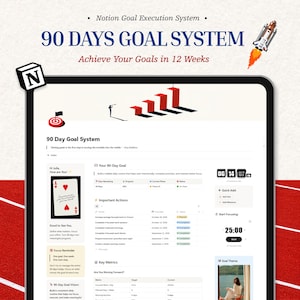 May include: A digital Notion Goal Execution System template displayed on a tablet screen. The interface features a 90 Day Goal System dashboard with sections for important actions, key metrics, and a focus timer. Text includes 90 DAYS GOAL SYSTEM and Achieve Your Goals in 12 Weeks.