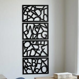Abstract Letter Panels Metal Wall Art, Scattered Letters, Vertical Panel Decor, Study Artwork, Housewarming Gift Idea, Custom Size Available