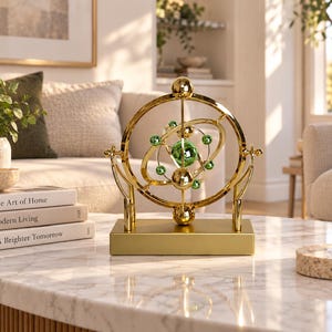 Peut inclure: Une sculpture cinétique de couleur dorée présentant une structure centrale en forme d'atome avec des sphères vertes suspendues dans des anneaux rotatifs. L'objet est monté sur une base rectangulaire dorée et comporte des sphères dorées.
