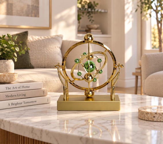 A gold pendulum sculpture inspired by celestial orbits — mesmerizing desk motion art that doubles as an astronomy statement piece.