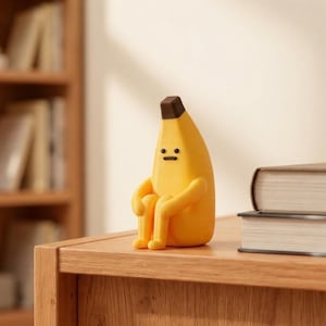Könnte beinhalten: Eine gelbe, bananenförmige Figur mit brauner Spitze, die ein einfaches Gesicht mit zwei schwarzen Punkten als Augen und einem horizontalen Strich als Mund hat. Die Figur sitzt in einer Position, bei der die Arme die Knie umschließen.