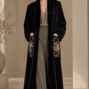Black Velvet Long Coat for Women Gold Hand Embroidered Duster Coat Vintage Wedding Guest Dress