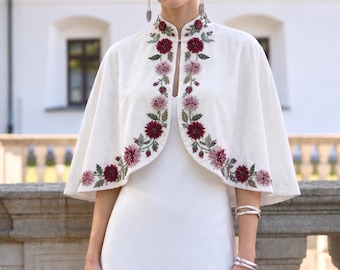Ivory Velvet Bridal Capelet Beaded Floral Handwork Wedding Cape High Neck Hand Embroidered Cover Up For Bride