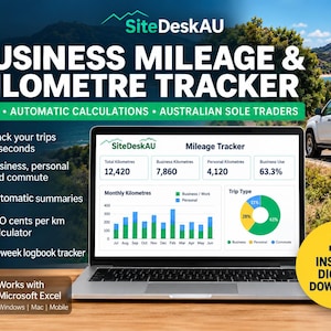 May include: A laptop displaying a Business Mileage & Kilometre Tracker spreadsheet by SiteDeskAU. The screen shows data tables, a monthly bar chart, and a pie chart for trip types. A yellow circle indicates an instant digital download is available.