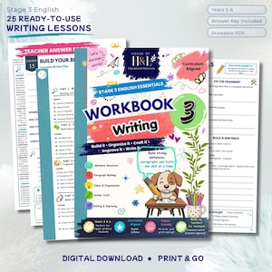 May include: A digital educational workbook for Stage 3 English, featuring 25 writing lessons. The cover displays a cartoon puppy writing at a desk, with text including 'WORKBOOK Writing', 'House of H&L', and 'Build strong sentences, paragraphs and texts'.