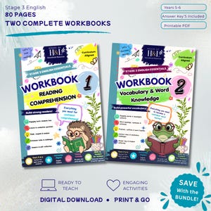 May include: Two educational workbooks for Stage 3 English, titled Reading Comprehension and Vocabulary & Word Knowledge. The covers feature colorful graphics, a hedgehog reading a book, a frog with glasses, and text detailing 80 pages.