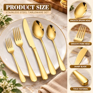 Könnte beinhalten: Ein goldfarbenes Besteckset aus Edelstahl mit einer kleinen Gabel, einer großen Gabel, einem gezackten Messer, einem großen Löffel und einem kleinen Löffel. Runde Detailbilder zeigen den glatten Löffelkopf, den glatten Gabelkopf, die scharfe Messerklinge und das dicke Material.