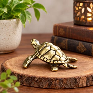 May include: A small, metallic gold-coloured turtle figurine with a textured shell and detailed flippers. The turtle is depicted in a crawling position, showcasing a polished finish with darker recessed areas that highlight the shell's segmented pattern.