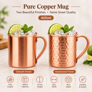 Puede incluir: Dos tazas de cobre puro con capacidad de 400 ml, una con acabado liso y otra con acabado martillado. Cada taza tiene un asa, mide 10,1 cm de alto, 8 cm de ancho y 8 cm de profundidad, y está llena de hielo, lima y menta.
