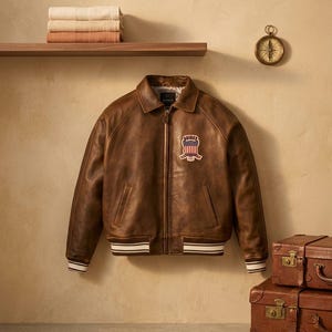 Vintage Avirex USA Leather Bomber Jacket | Embroidered Patches, Ribbed Cuffs (Men's)