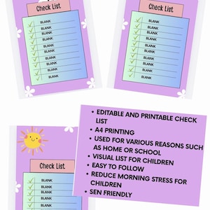 May include: Three printable checklist templates with a light purple background and white flower accents. Each list features a header labelled Check List, a gradient blue box with ten blank lines and green checkmarks, and icons of a rabbit, bear, or sun.