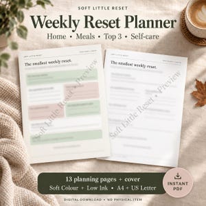 Weekly Reset Planner Printable | Home, Meals, Self-Care Checklist (Digital Download)