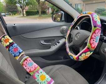 Handmade Crochet Daisy Steering Wheel Cover Set, Colorful Car Interior Decor