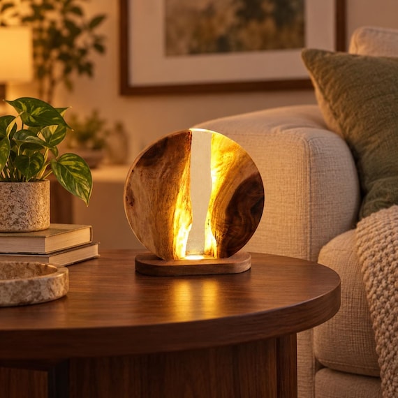 A hand-poured wood-resin night light with a moonlit unicorn scene trapped inside — glowing amber light through translucent resin makes it feel like a tiny diorama from another world.