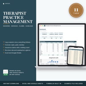 May include: A digital therapist practice management spreadsheet template featuring 11 tabs for tracking sessions, invoices, claims, and caseloads. The interface displays a dashboard with monthly data, charts, and financial summaries compatible with Excel and Google Sheets.