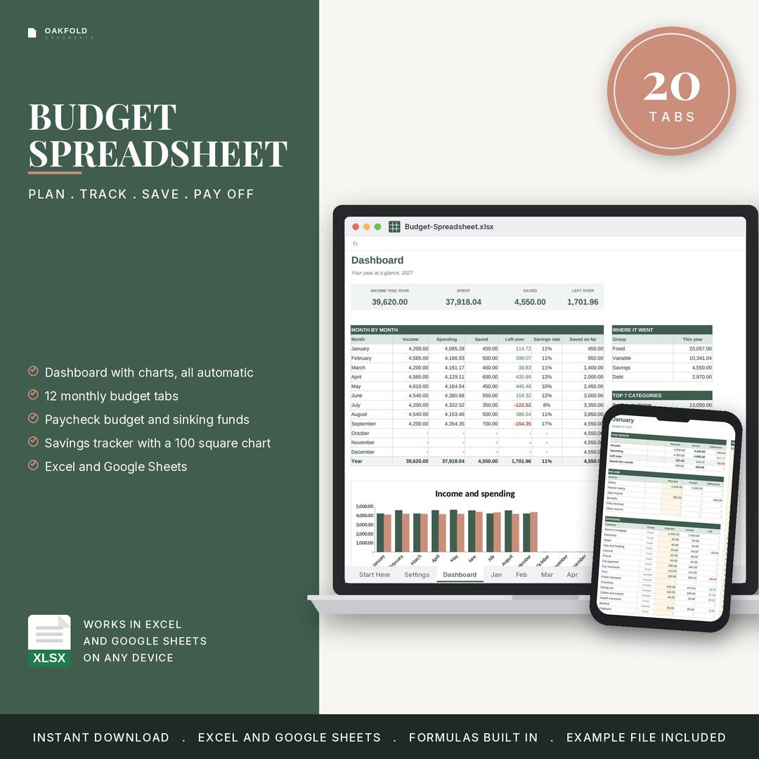 Budget Spreadsheet for Google Sheets and Excel | Monthly Budget Planner ...