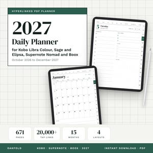 Op de afbeelding: Een 2027 dagplanner voor Kobo, Supernote en Boox apparaten. Het digitale bestand bevat 671 pagina's, 20.000+ links, 15 maanden en 4 lay-outs. Het scherm toont een maandkalender voor januari en een dagelijkse planningspagina met een stylus.