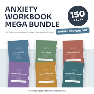 Puede incluir: Anxiety Workbook Mega Bundle que incluye 150 páginas y 6 libros de trabajo en uno. Los títulos incluyen CBT for Anxiety, Worry Journal, Panic Attack Toolkit, Social Anxiety Workbook, Health Anxiety Guide y Anxiety Free Sleep Journal en colores.