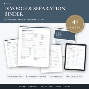 May include: A digital divorce and separation binder set featuring 41 pages, 34 documents, and 6 tabbed sections. The printable documents include forms for assets, children, and legal information, presented in a clean layout with blue accents.