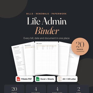 May include: A digital Life Admin Binder set featuring 20 pages, a spreadsheet, and fillable PDF formats. The layout includes trackers for bills, renewals, and paperwork in A4 and US Letter sizes. Text includes Bills, Renewals, Paperwork, Life Admin Binder, 20 Pages, Fillable PDF, Excel, Sheets, A4, US Letter, Routines, Sheet Tabs, and Oakfold.