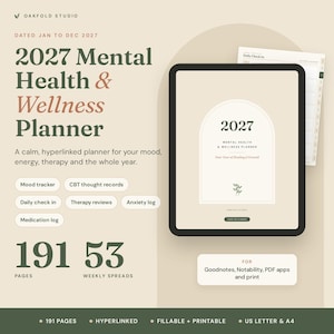 May include: A 2027 digital mental health and wellness planner displayed on a tablet screen. The planner features a beige cover with an arched design, 191 pages, 53 weekly spreads, and includes trackers for mood, anxiety, and medication in a PDF format.