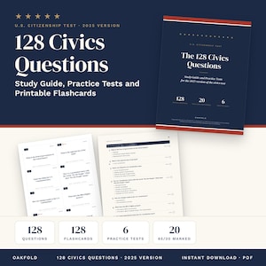US Citizenship Test 2025 Study Guide and Flashcards, 128 Civics Questions, Naturalization Test Practice, 65/20 List, Printable PDF Letter A4