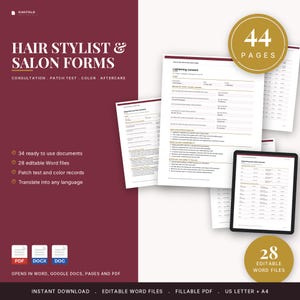 May include: A collection of 44 pages of hair stylist and salon forms, including consultation, patch test, color, and aftercare documents. The set features 34 ready-to-use documents and 28 editable Word files, compatible with Word, Google Docs, and PDF formats.