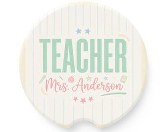 Posavasos para coche, 6,6 cm (2,6 pulgadas), diseño de nombre de profesor en esteatita / impresión escolar en tonos pastel