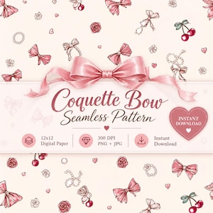 Puede incluir: Un patrón continuo con lazos rosas, cerezas rojas, collares de perlas y pequeñas rosas sobre un fondo claro. Un gran lazo rosa se sitúa sobre el texto Coquette Bow Seamless Pattern, 12x12 Digital Paper, 300 DPI, PNG + JPG, Instant Download.