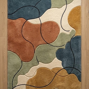 Handtufted Wool Abstract Area Rug, Earthy Terracotta & Sage Green Organic Shape Rug for Living Room Bedroom, Modern Carved Line Carpet.