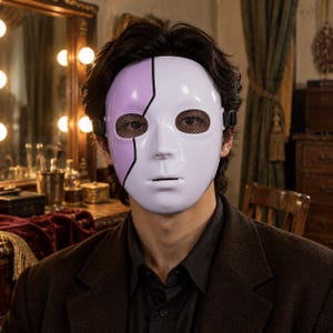 Handmade Split Purple White ABS Resin Mask, Two-Tone Cosplay Mask, Halloween Masquerade Mask, Costume Party Mask with Mysterious Aura