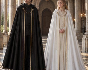 Langer Kapuzenumhang mit Goldborte und Kettenverzierung, bodenlanger Fantasy-Umhang, mittelalterliche Zaubererrobe für Cosplay, Hochzeiten und Themenveranstaltungen