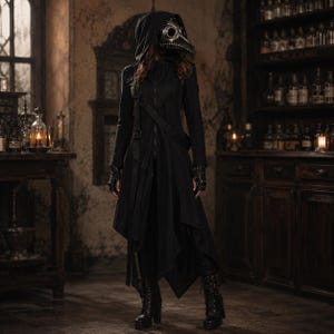 May include: A black hooded coat with an asymmetrical hem, worn with a plague doctor mask featuring metallic eye lenses and a long beak. The outfit includes black fingerless gloves and black lace-up boots with buckles, creating a dark aesthetic.
