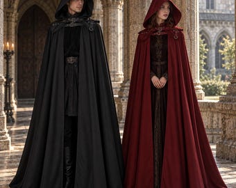 Capa larga con capucha y cuello con hebilla, estilo gótico medieval, túnica larga de fantasía para cosplay, Halloween y fiestas temáticas.