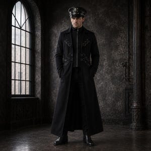 以下が含まれることがあります： ハイカラー、中央のジッパー、胸元に装飾的な金属リングをあしらった黒のロングコート。コートにはバックル付きの調節可能なサイドストラップが付いており、お揃いのスカルエンブレム付きの黒いミリタリースタイルのキャップと組み合わされています。