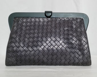 Bottega Veneta Vintage Intrecciato Grey Leather Woven Clutch 1980s