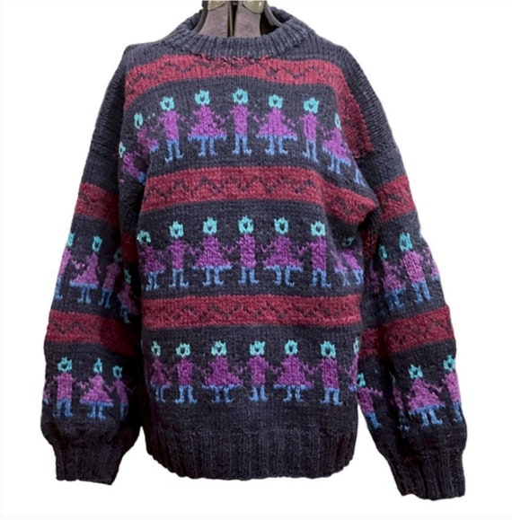 Vintage Sweater Rey Wear Handmade Ecuador Dancing People Design 