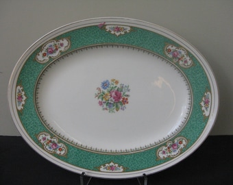 Vtg EMPIRE Porcelain England "MAJESTIC" Green Band Flowers Oval PLATTER 16"