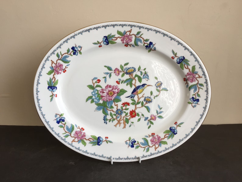 Vtg AYNSLEY Bone China PEMBROKE Bird Florals Oval Serving Platter 13 34