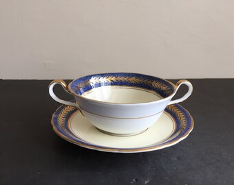 Vtg AYNSLEY Bone China 1846 Powder BLUE Gold LAURELS Cream Soup Bowl /Saucer Set