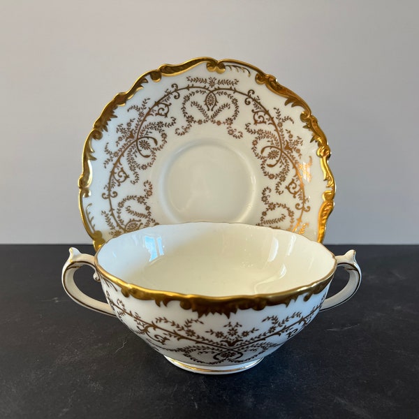 Vtg COALPORT ANNIVERSARY White & Gold Gilt Cream Soup Bowl and Saucer Set