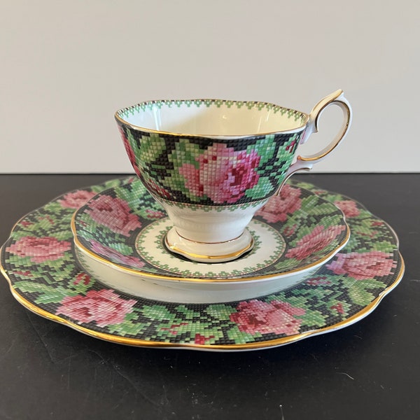 Vtg Royal ALBERT England Bone China NEEDLE POINT Roses Trio Set Teacup Saucer Plate 7 1/8"