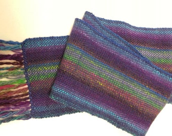 Hand Woven Scarf - Bright blue with multi-colored stripes -  Free Priority shipping