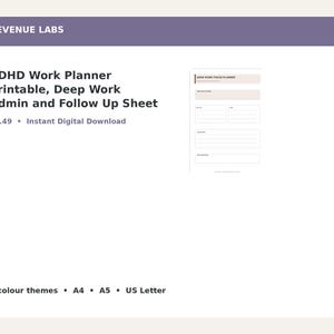 以下が含まれることがあります： Deep Work、管理、フォローアップシートを備えた印刷可能なデジタルADHDワークプランナー。ドキュメントには、集中、タスク、メモ用のセクションが含まれており、Revenue Labsというヘッダーが付いています。A4、A5、USレターサイズで、4つのテーマから選択可能です。